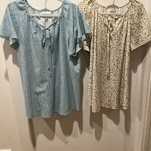 Simple Fun Floral Tie Neck Blouse Bundle 2XL Blue Cream Cottagecore Boho